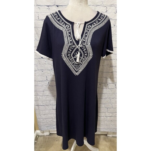 Spence Short Sleeve Navy Blue Midi Dress With Embroidery And Tie Neck Size XL - Picture 1 of 7